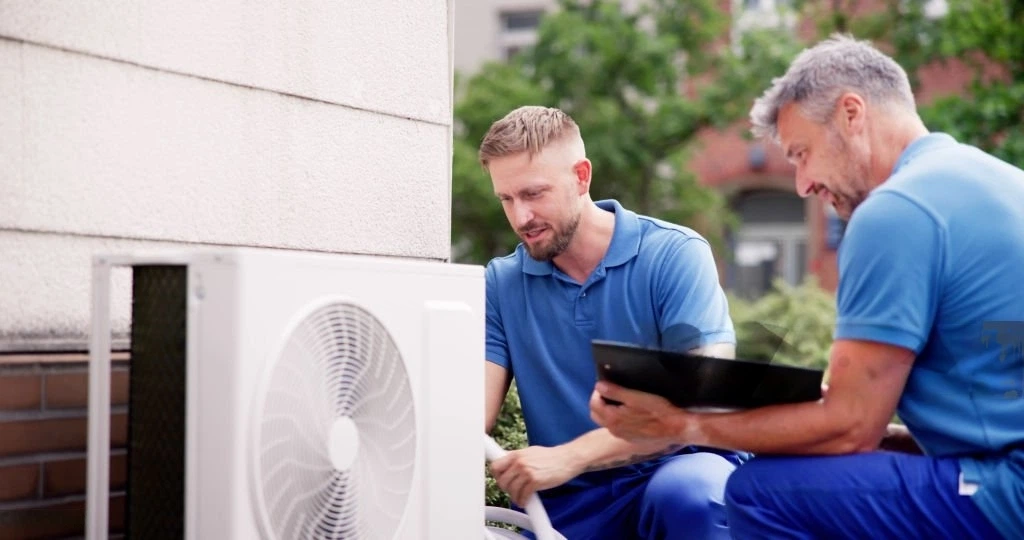 two men repairing ac while holding hvac contractors book in dubai